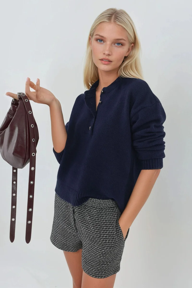 Hiccup Navy Blue Soft Textured Knit Sweater with Buttons for Women | Best Price UAE