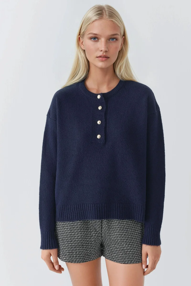 Hiccup Navy Blue Soft Textured Knit Sweater with Buttons for Women | Best Price UAE