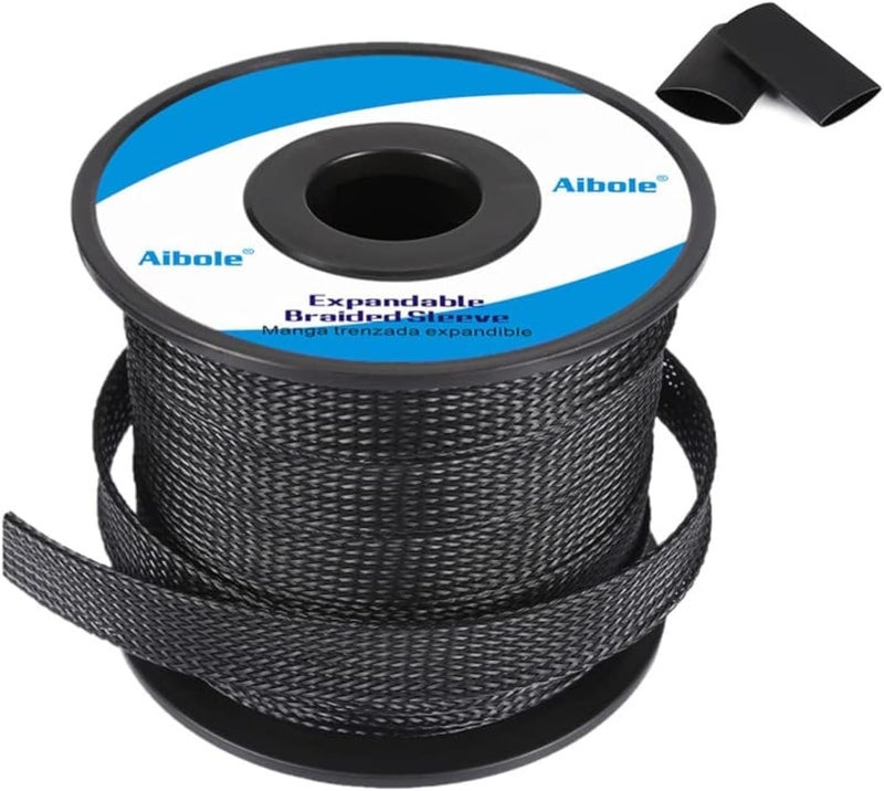 Aibole 100Ft-1inch PET Expandable Braided Wire Sleeving,Wire Loom Cable Sleeve for TV,Computer,Home Theater,Automotive,Home Industrial,Electrical Wires,Chemical,Protect Cat from Chewing Cords,Black - Image 1