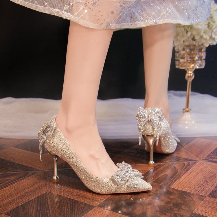 Wedding Shoes High Heels Women Pointed Crystal Wedding Shoes Rhinestone Bow Stiletto Heel Shallow Mouth Shoes - Image 5