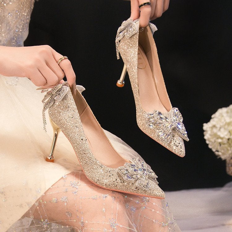 Wedding Shoes High Heels Women Pointed Crystal Wedding Shoes Rhinestone Bow Stiletto Heel Shallow Mouth Shoes - Image 3