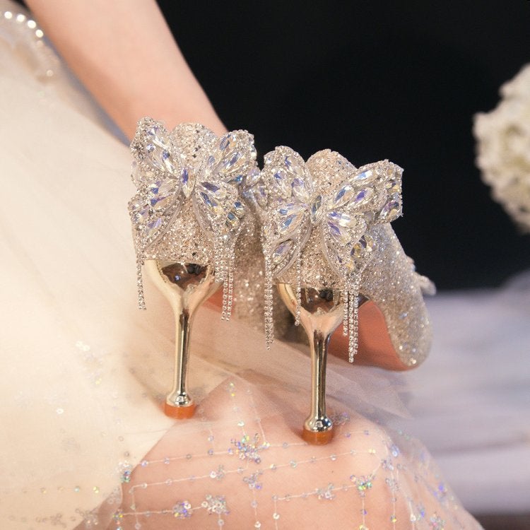 Wedding Shoes High Heels Women Pointed Crystal Wedding Shoes Rhinestone Bow Stiletto Heel Shallow Mouth Shoes - Image 2