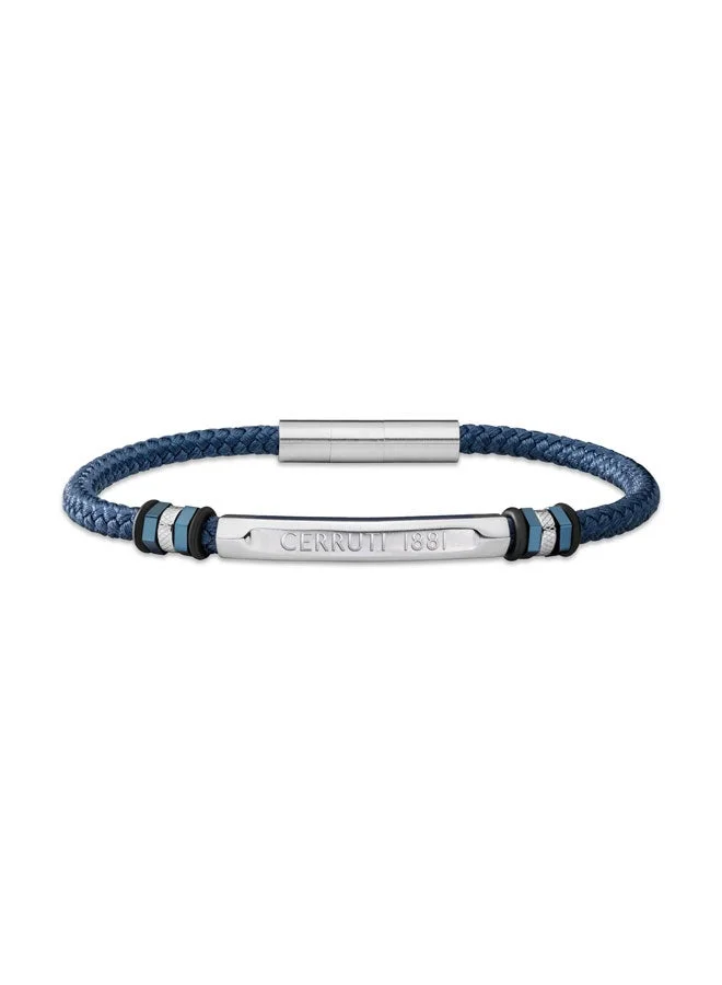 CERRUTI 1881 Tornillo Silver Stainless Steel and Navy Blue Leather Braided Bracelet for Women 180mm