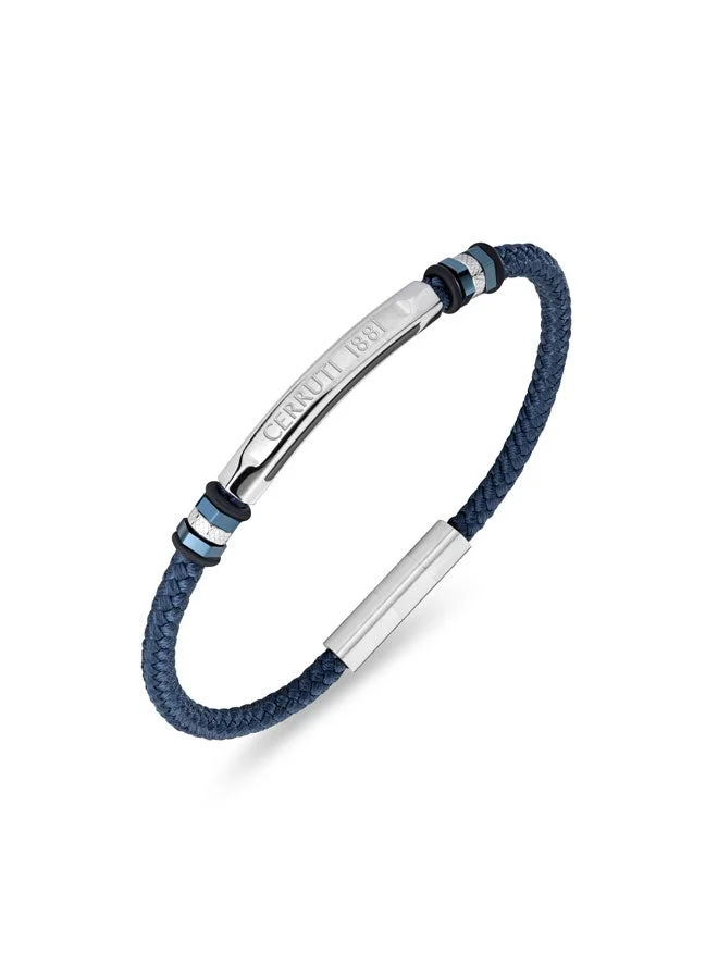CERRUTI 1881 Tornillo Silver Stainless Steel and Navy Blue Leather Braided Bracelet for Women 180mm