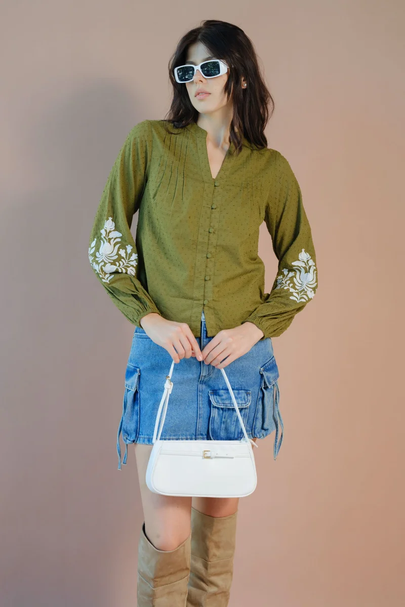 Virgio VIRGIO 100% Cotton Embroiderd Blouson Sleeve Top