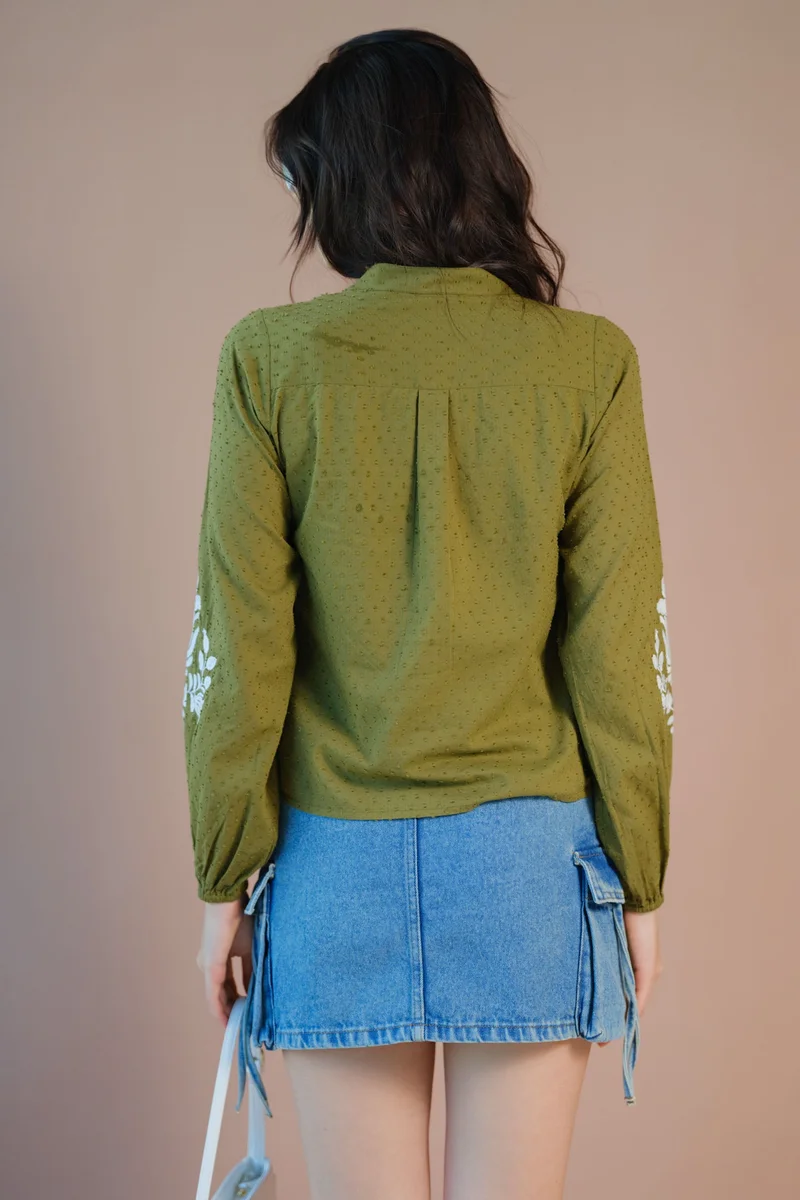Virgio VIRGIO 100% Cotton Embroiderd Blouson Sleeve Top