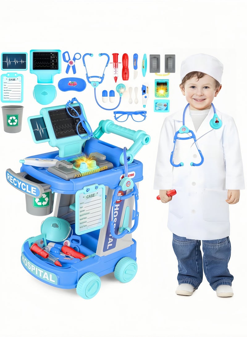 LBMT Doctor Kit for Toddlers Aged 3-5, Pretend Doctor Playset for Kids with Cart, Costume and Stethoscope, Role Play Medical Toys,Birthday/Party Gifts for Girls Boys (Blue) - Image 1