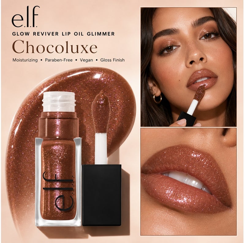 elf Glow Reviver Lip Oil, Nourishing and Hydrating with High-Shine Glimmer Finish & Sheer Wash Of Color, Minty Scent, Non-Sticky, Vegan & Cruelty-free, Chocoluxe - Image 1