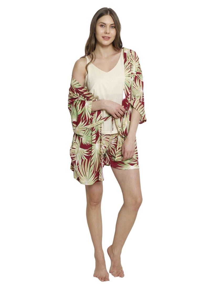بويراز طقم ملابس نوم من القطن التركي مكون من 3 قطع طقم شورت ومجموعة بيجامة علوية للنساء كستنائي / أخضر - Image 1