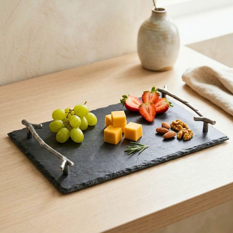 Natural Stone Slate Serving Tray With Arborization Handle (Grey), Serving Platter,Cheese Board,Charcuterie Boards for Cheese, Meats, Appetizers, Dried Fruits- Display Chalkboard 30x20 CM - Image 1