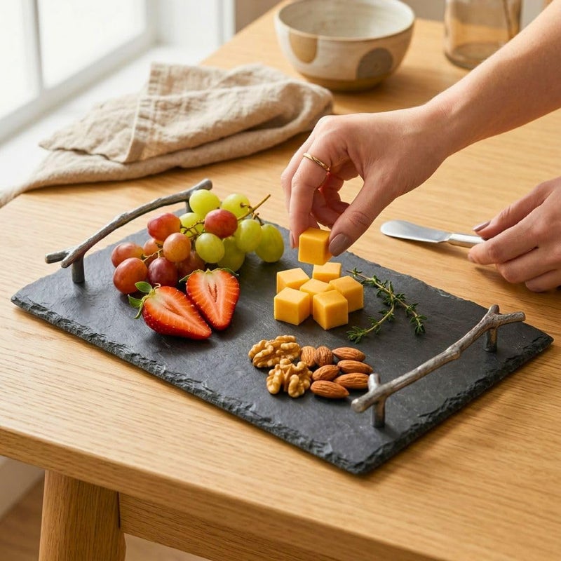 Natural Stone Slate Serving Tray With Arborization Handle (Grey), Serving Platter,Cheese Board,Charcuterie Boards for Cheese, Meats, Appetizers, Dried Fruits- Display Chalkboard 30x20 CM - Image 2