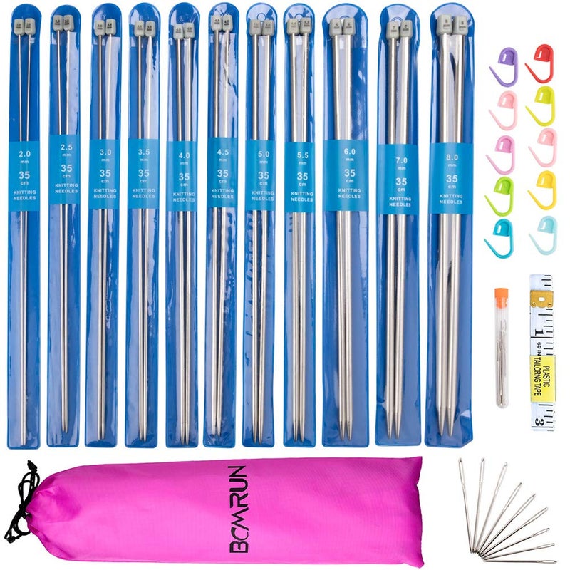 BCMRUN Knitting Needle Set, 22PCS 2mm(B)-8mm(L) Straight Single Pointed Stainless Steel Sweater Needles Set(11Pair-11 Size,9.8 inch) with Locking Stitch Makers Large-Eye Needles Measure Tape (36CM) - Image 2