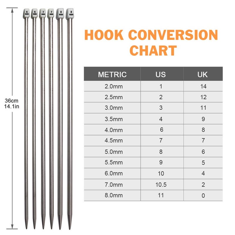 BCMRUN Knitting Needle Set, 22PCS 2mm(B)-8mm(L) Straight Single Pointed Stainless Steel Sweater Needles Set(11Pair-11 Size,9.8 inch) with Locking Stitch Makers Large-Eye Needles Measure Tape (36CM) - Image 4