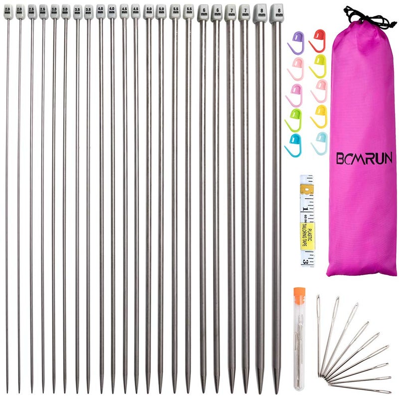 BCMRUN Knitting Needle Set, 22PCS 2mm(B)-8mm(L) Straight Single Pointed Stainless Steel Sweater Needles Set(11Pair-11 Size,9.8 inch) with Locking Stitch Makers Large-Eye Needles Measure Tape (36CM) - Image 1