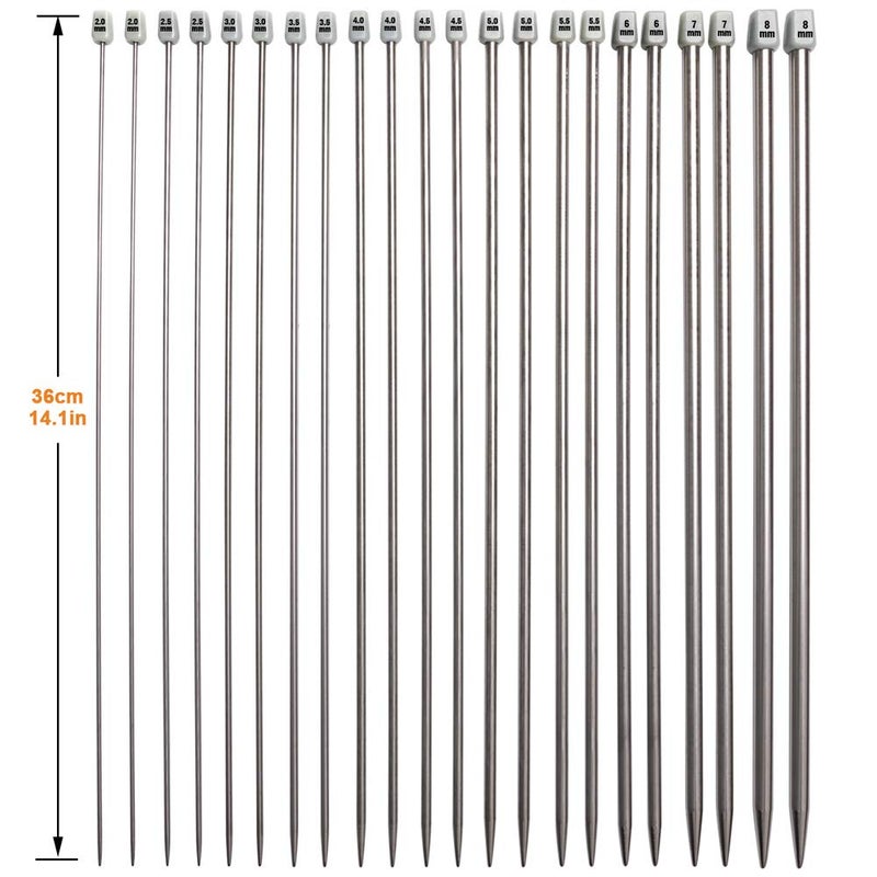 BCMRUN Knitting Needle Set, 22PCS 2mm(B)-8mm(L) Straight Single Pointed Stainless Steel Sweater Needles Set(11Pair-11 Size,9.8 inch) with Locking Stitch Makers Large-Eye Needles Measure Tape (36CM) - Image 3