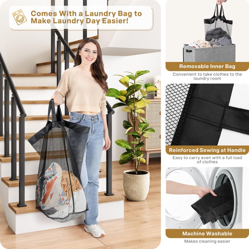 SOLEDI Double Laundry Hamper with Lid and Removable bag, Large Laundry Basket 2 Section with handles, Collapsible Dirty Clothes Hampers for Laundry, Bedroom, Dorm, College - Image 4