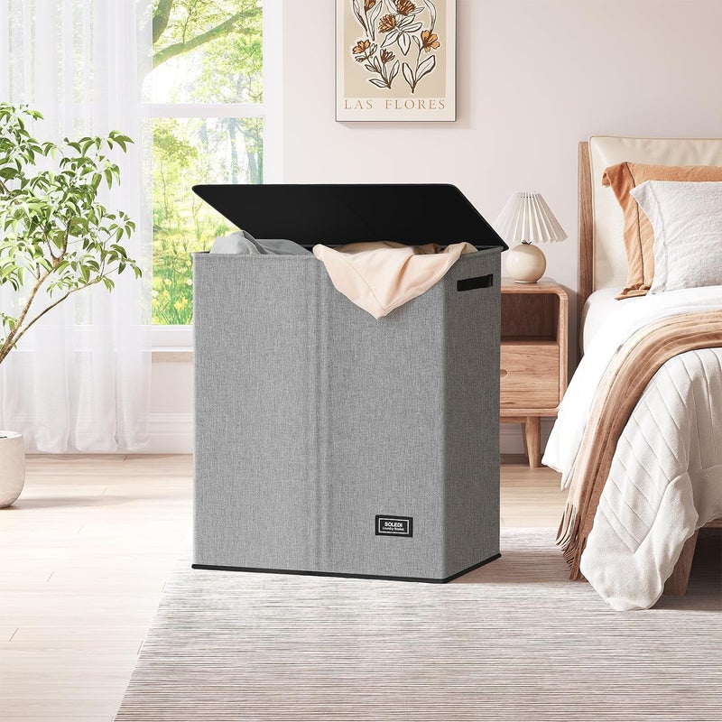 SOLEDI Double Laundry Hamper with Lid and Removable bag, Large Laundry Basket 2 Section with handles, Collapsible Dirty Clothes Hampers for Laundry, Bedroom, Dorm, College - Image 5