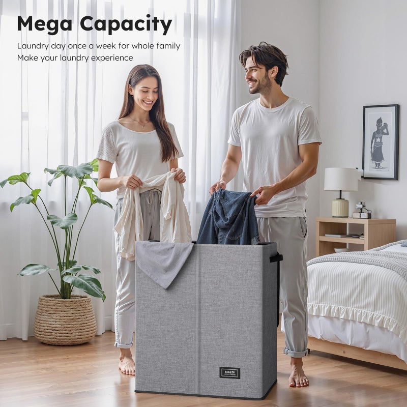 SOLEDI Double Laundry Hamper with Lid and Removable bag, Large Laundry Basket 2 Section with handles, Collapsible Dirty Clothes Hampers for Laundry, Bedroom, Dorm, College - Image 2