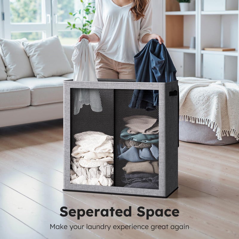 SOLEDI Double Laundry Hamper with Lid and Removable bag, Large Laundry Basket 2 Section with handles, Collapsible Dirty Clothes Hampers for Laundry, Bedroom, Dorm, College - Image 3