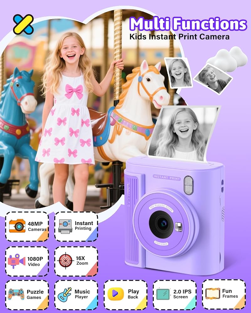 Mgaolo Kids Camera with Instant Print, Thermal Printing Digital Camera Toy for 3-12 Years Old Children, Safe Ink-Free Design, Present for Creativity & Learning (Purple) - Image 2