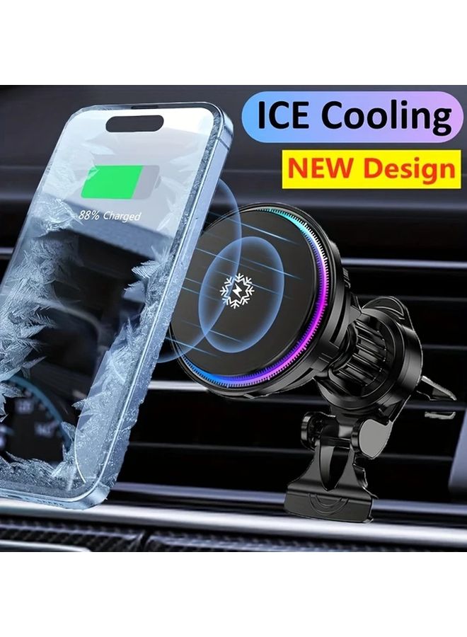 Black Magnetic Car Phone Holder With Ice Cooling Fast Wireless Charging For iPhone - Image 1