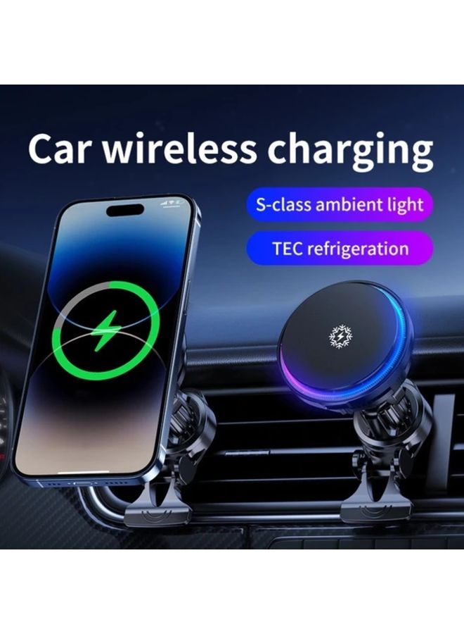 Black Magnetic Car Phone Holder With Ice Cooling Fast Wireless Charging For iPhone - Image 3