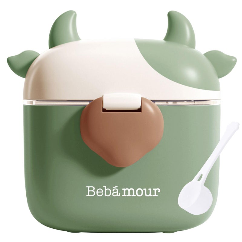 Bebamour Baby Formula Dispenser BPA Free Portable Milk Powder and Candy Fruit Snack Storage Container with Scoop and Leveller for Travel 450 ML Green Cow
