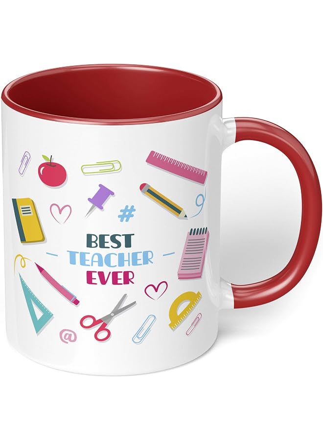 S-TOP 1 Mug - "Best Teacher Ever" Teachers Mug - Perfect for your cuppa Coffee, Tea, Karak, Milk, Cocoa or whatever Hot or Cold Beverage you Drink! - 11 Oz - Red Handle & Inside Colour - Image 1