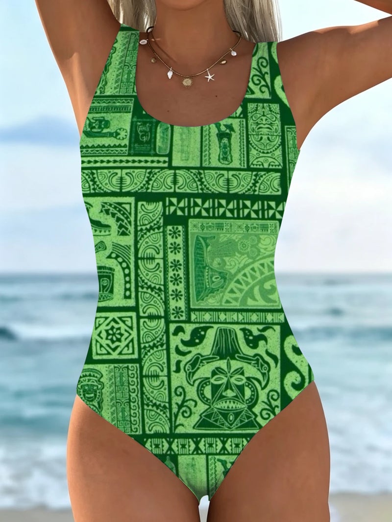 Green Tiki Tribal Patchwork Print One‑Piece Swimsuit Women Summer Sleeveless Beach Swimwear - Image 1