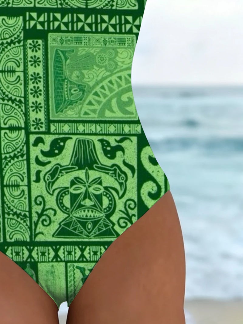 Green Tiki Tribal Patchwork Print One‑Piece Swimsuit Women Summer Sleeveless Beach Swimwear - Image 3