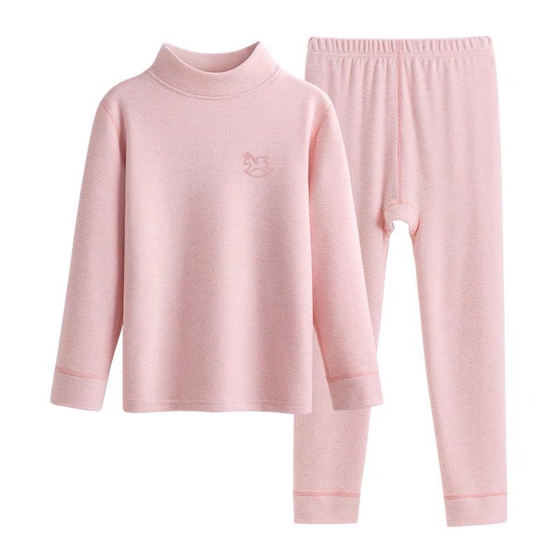 Half turtleneck plus thick velvet girls autumn clothes long pants suit mid collar brushed bottoming childrens thermal underwear for older girls Pink 