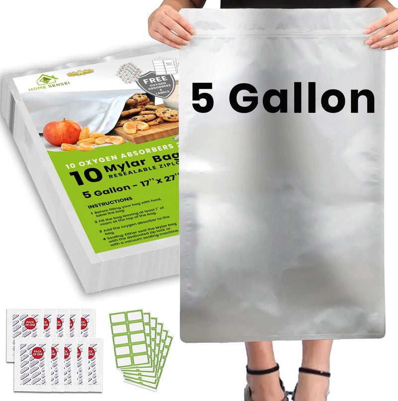 Home Sensei 10pcs 5 Gallon Mylar Bags for Food Storage  10 Mil Thick  Extra large bags 5 Gallon with Oxygen Absorbers 2500cc  Zipper Resealable Milar Bags  Bolsas Mylar 5 Galones
