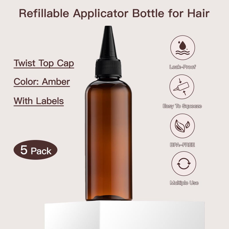 Tekson Hair Color Applicator Bottles, 5 Pack Refillable Squeeze Bottle, Empty Plastic Twist Top Cap Bottles (3.4 OZ, Amber) - Image 3