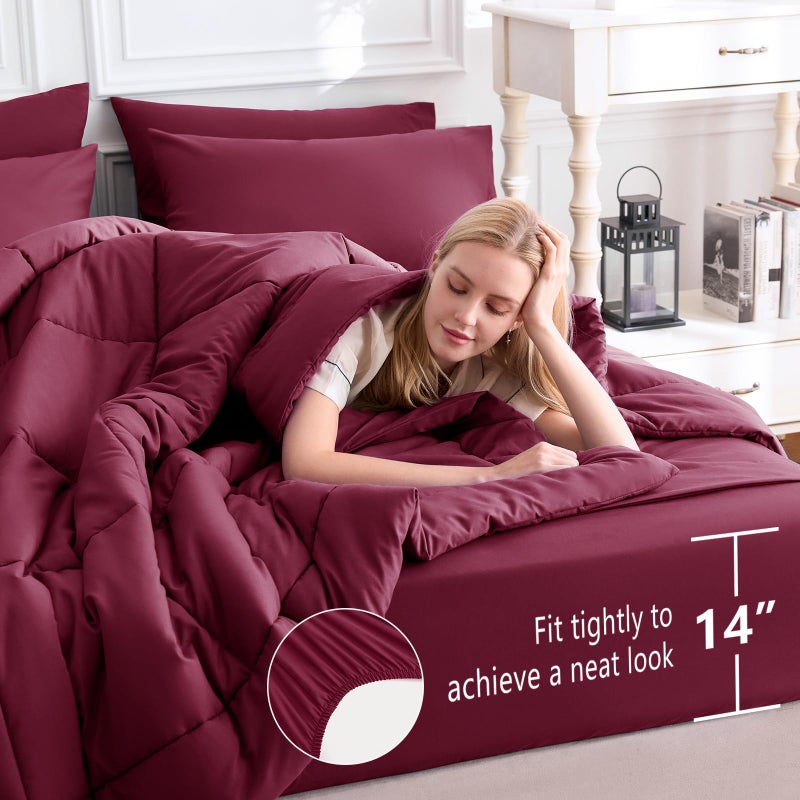CozyLux Queen Comforter Set Burgundy, 7 Pieces Bed in a Bag, Red Comforters Queen Size, All Season Bedding Sets with Stitch Quilted Comforter, Flat Sheet, Fitted Sheet, Pillowcases - Image 5