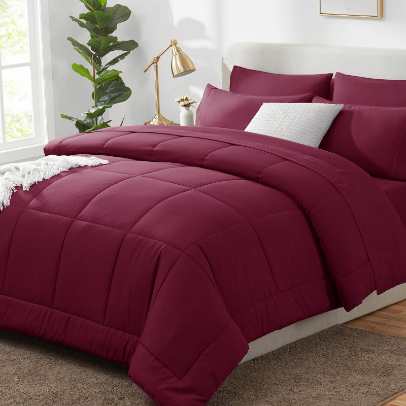CozyLux Queen Comforter Set Burgundy, 7 Pieces Bed in a Bag, Red Comforters Queen Size, All Season Bedding Sets with Stitch Quilted Comforter, Flat Sheet, Fitted Sheet, Pillowcases - Image 1