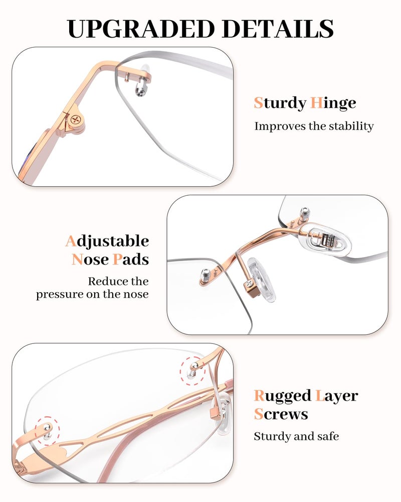 LUFF Rimless Reading Glasses for Women Blue Light Blocking Lightweight Metal Classic Computer Readers Anti Eyestrain - Image 5