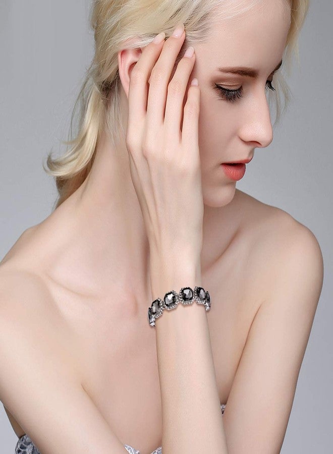 BriLove Wedding Bridal Multi Emerald Cut Crystal Open Stretch Bangle Bracelet Grey Black Silver-Tone - Image 4