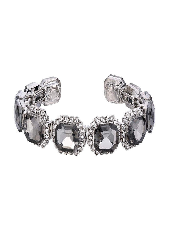 BriLove Wedding Bridal Multi Emerald Cut Crystal Open Stretch Bangle Bracelet Grey Black Silver-Tone - Image 1