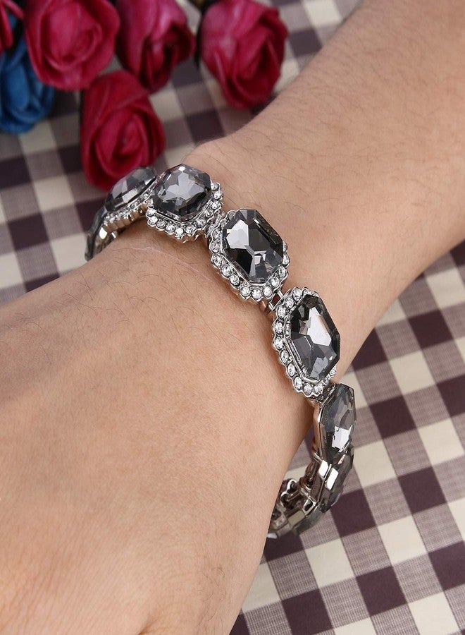 BriLove Wedding Bridal Multi Emerald Cut Crystal Open Stretch Bangle Bracelet Grey Black Silver-Tone - Image 5