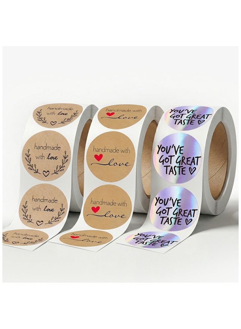 Wownect Brown Kraft Paper Labels Stickers [1 Inch, 500 Pcs] Handmade With Love – Baking Packaging, Envelope Seals, Gift Wrap, Birthday, Wedding Tags (Pack of 3) - Image 1