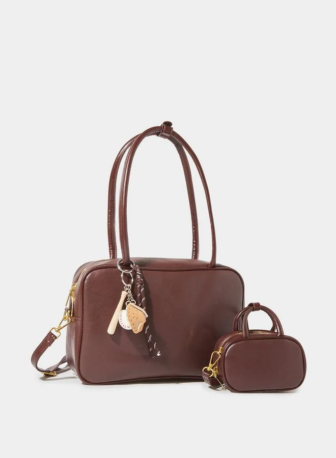 Styli Brown Charm Detail Bowling Bag with Mini Purse