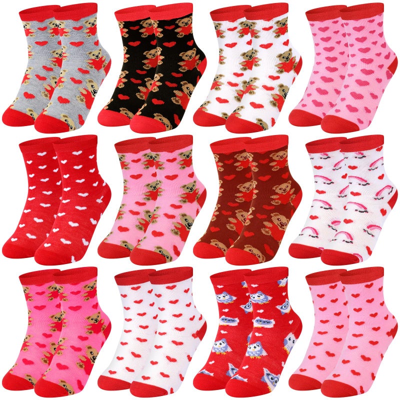 Cozypower 12 Pairs Kids Valentine's Socks Boys Girls Heart Bear Owl Novelty Socks Bulk for Kids Valentines Day Gifts - Image 1