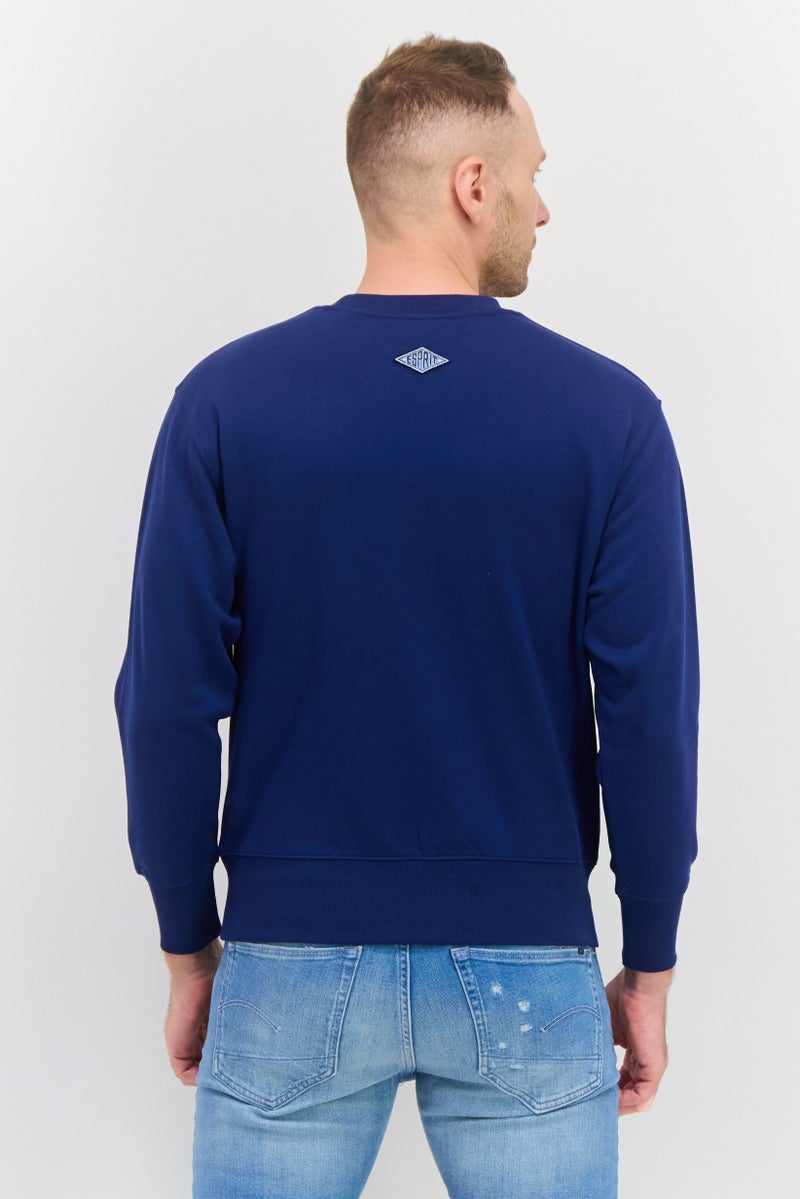 ESPRIT سويت شيرت رجالي بأكمام طويلة وياقة دائرية مزخرفة، أزرق - Image 3