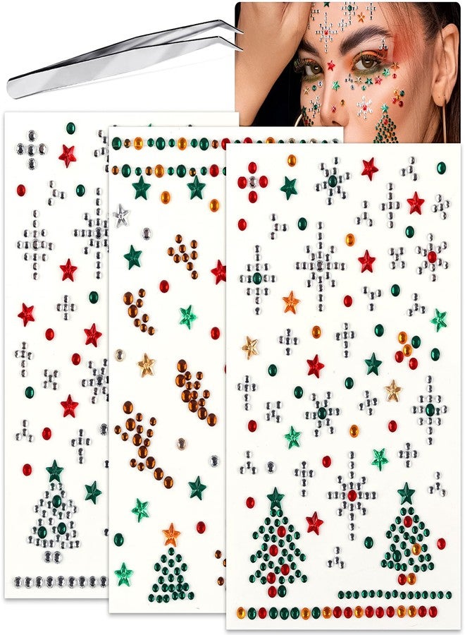 SARATA 3 Sheet Christmas Face Gems Hair Gems, Self-Adhesive Face Jewels Eye Jewels Rhinestones DIY Face Gems Stick on, Halloween Makeup Gems Rave Accessories for Face Eyes Body Makeup, Crafts - Image 1