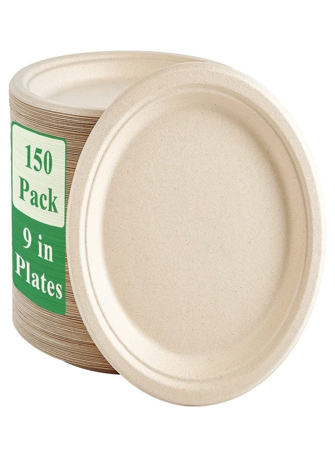 Vplus 150 Pack Paper Plates 9 inch 100% Compostable, Heavy-Duty Disposable Paper Plates Bagasse Natural Biodegradable Eco-Friendly Sugarcane - Image 1