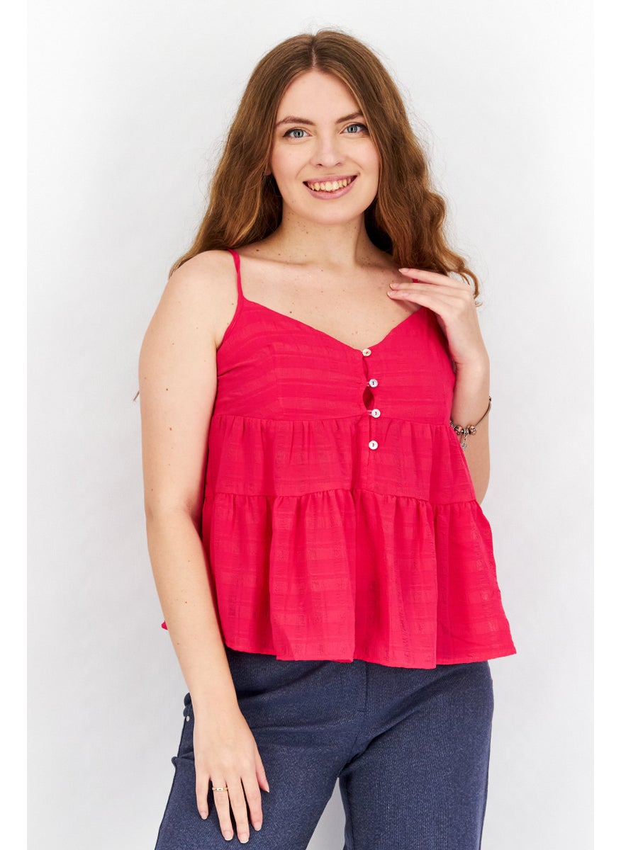 French Connection - Women V-Neck Sleeveless Textured Cami Top, Pink - Image 1