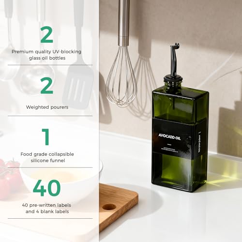 WISIMMALL Olive Oil Dispenser Bottle For Kitchen, 17OZ UV-Blocking Oil And Vinegar Dispenser Set Of 2, Soy Sauce Cooking Oil Dispenser with 2 Stainless Steel Pourers & 44 Labels - Image 4