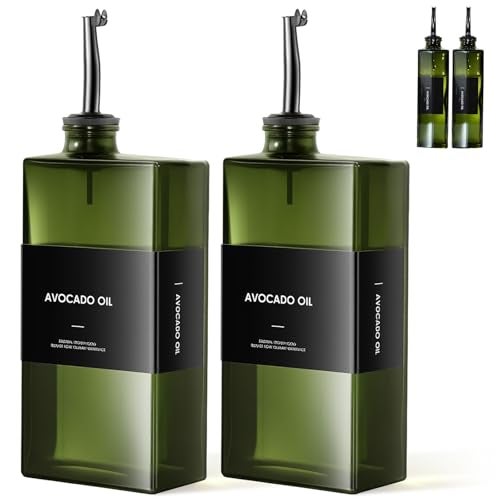 WISIMMALL Olive Oil Dispenser Bottle For Kitchen, 17OZ UV-Blocking Oil And Vinegar Dispenser Set Of 2, Soy Sauce Cooking Oil Dispenser with 2 Stainless Steel Pourers & 44 Labels - Image 1