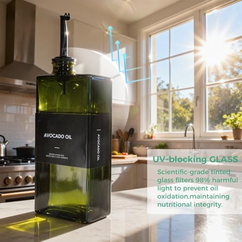 WISIMMALL Olive Oil Dispenser Bottle For Kitchen, 17OZ UV-Blocking Oil And Vinegar Dispenser Set Of 2, Soy Sauce Cooking Oil Dispenser with 2 Stainless Steel Pourers & 44 Labels - Image 2