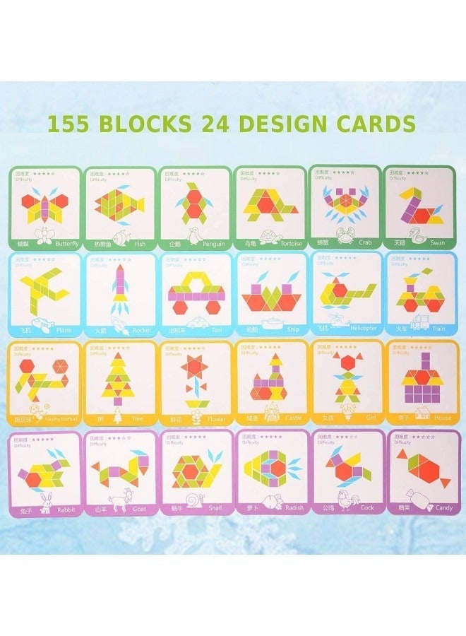 155 Pcs Wooden Pattern Blocks Set,Geometric Shape Puzzle Toy with 24 Pcs Design Cards - Image 5
